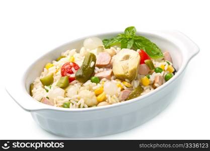 rice salad with tomatoes and pickles