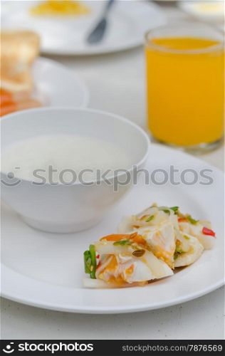 rice soup breakfast. Healthy rice soup with spicy salted egg salad
