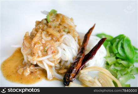 rice vermicelli eaten with sweet sauce and vegetable ,