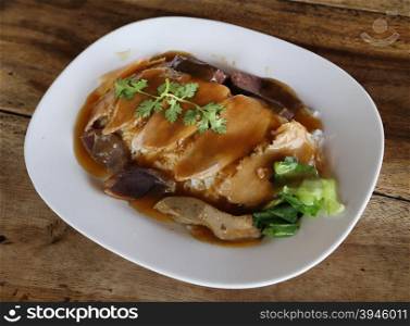 Rice with roast duck, sliced restaurant presentation, asian cuisine