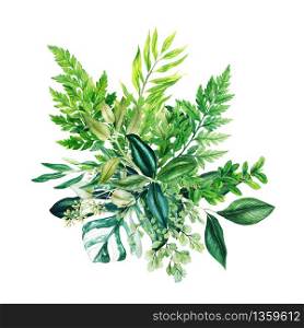 Rich and lush greenery decorative bouquet, composed of fresh green monstera leaves and ferns. Hand drawn watercolor illustration. Design template.