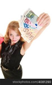 Rich happy blonde business woman showing euro currency money banknotes. Economy, finance and business work.