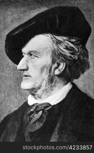 "Richard Wagner (1813-1883) on engraving from 1908. German composer, conductor, theatre director and polemicist best known for his operas. Engraved by unknown artist and published in "The world&rsquo;s best music, famous songs. Volume 8", by The University Society, New York,1908."