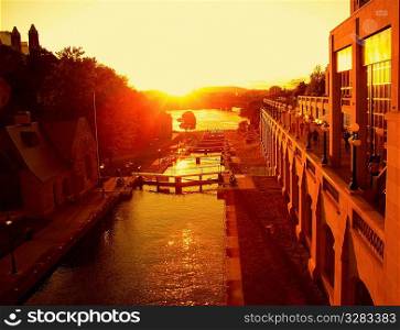 Rideau Canal locks at sunset.