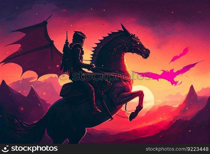 Rider on a horse against the background of the sunset illustration. AI generative.