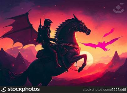Rider on a horse against the background of the sunset illustration. AI generative.