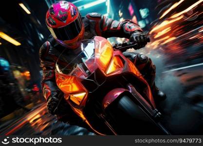 Rider riding on motorcycle at night. Generative AI