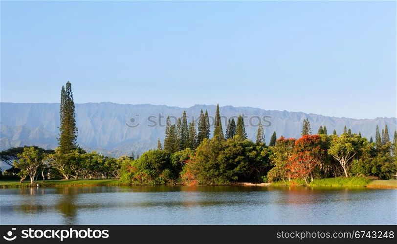 Ridges of the Na Pali mountains from Princeville in Kauai with lake and flowering trees