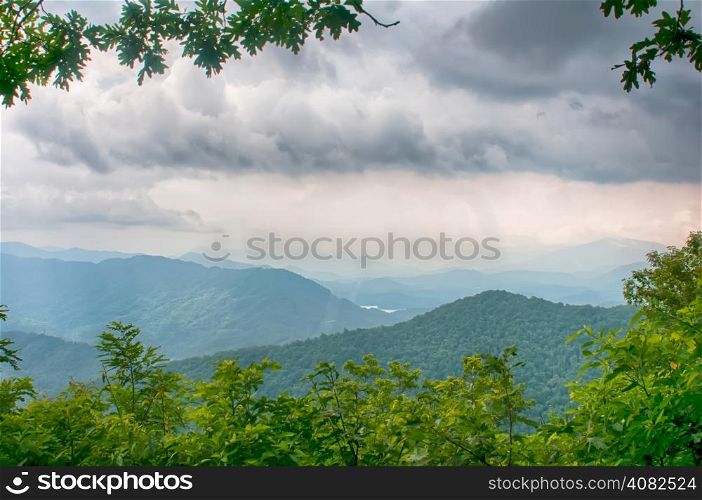 ridges of theSmokey Mountains extending across the valley on the BLue Ridge Parkway near Cherokee, North Carolina.