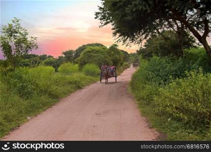 Riding horse cart on dusty road in Bagan, Myanmar at sunset