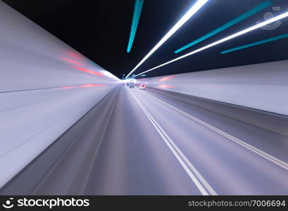 Riding speed bus blurred background in tunnel in hong kong