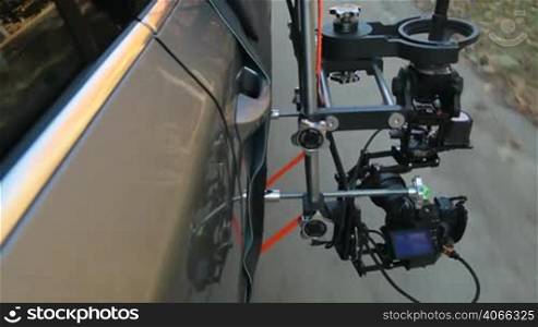 Rig with hot head camera mounted on the outside of the car