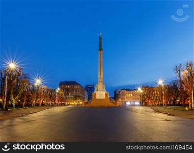 Riga. Monument to Independence Square.. Freedom Monument on the Independence Square in Riga on Brivibas Boulevard. Latvia.