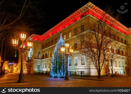 Riga. Parliament building at night.. Parliament building in the night lighting on Christmas Day. Riga. Latvia.