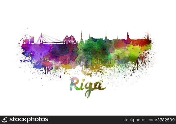 Riga skyline in watercolor splatters with clipping path. Riga skyline in watercolor