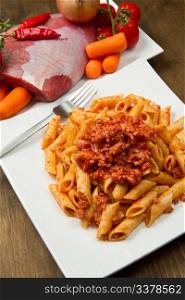 Rigatoni pasta with a tomato beef sauc