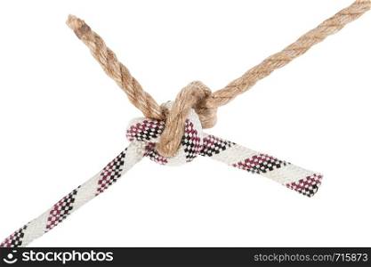 rigger's bend knot joining two ropes close up isolated on white background