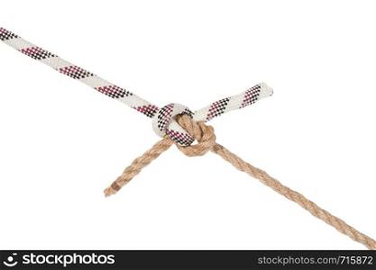 rigger's bend knot joining two ropes isolated on white background