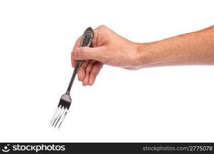 Right mans hand with empty metallic fork isolated on white background