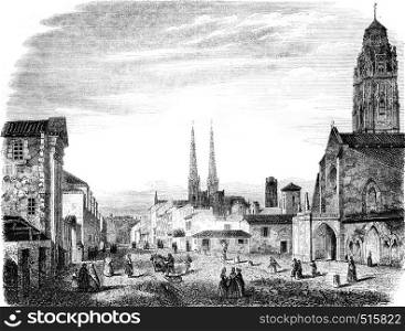 Right, The Sainte-Eulalie church. On the left, St. Raphael barracks, vintage engraved illustration. Magasin Pittoresque 1844.