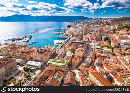 Rijeka city center and waterfront aerial view, Kvarner gulf in Croatia