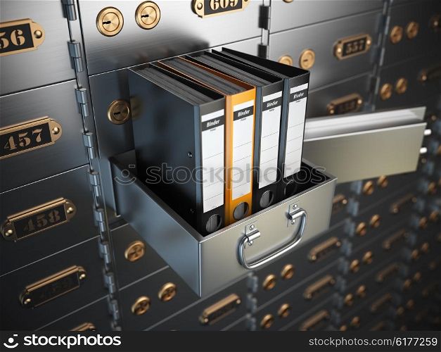 Ring binders on a safe deposit box. Confidential information concept. 3d illustration