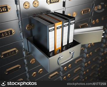 Ring binders on a safe deposit box. Confidential information concept. 3d illustration