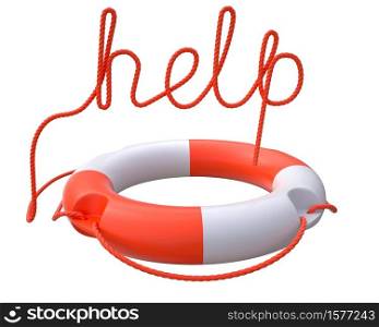 Ring buoy with rope as the word help. 3D illustration. Ring buoy with rope as the word help