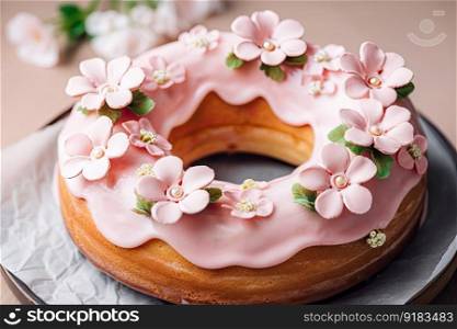 ring cake with alternating layers of cake and frosting, topped with delicate rose or cherry blossom decoration, created with generative ai. ring cake with alternating layers of cake and frosting, topped with delicate rose or cherry blossom decoration