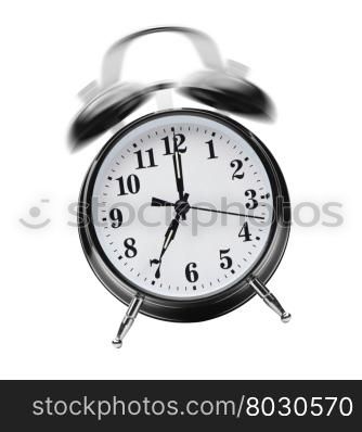 Ringing alarm clock on white background