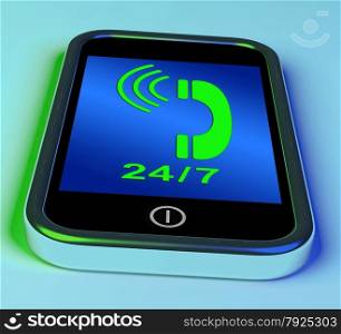Ringing Icon On A Mobile Phone Showing Smartphone Call. Twenty Four Seven On Phone Showing Open 24/7