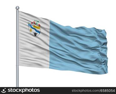 Rio Bueno City Flag On Flagpole, Country Chile, Isolated On White Background. Rio Bueno City Flag On Flagpole, Chile, Isolated On White Background