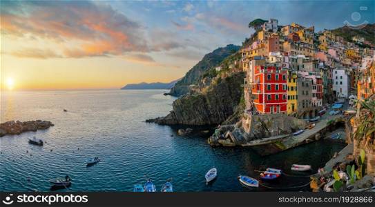 Riomaggiore, Colorful cityscape on the mountains over Mediterranean sea in Cinque Terre Italy Europe
