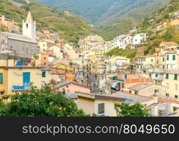 Riomaggiore. Italian village on the coast.. Riomaggiore village in the Cinque Terre National Park. Italy. Liguria.