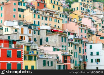 Riomaggiore. Italian village on the coast.. Riomaggiore village in the Cinque Terre National Park. Italy. Liguria.