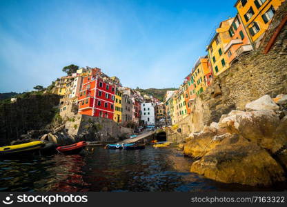 Riomaggiore of Cinque Terre, Italy - Traditional fishing village in La Spezia, situate in coastline of Liguria of Italy. Riomaggiore is one of the five Cinque Terre travel attractions.