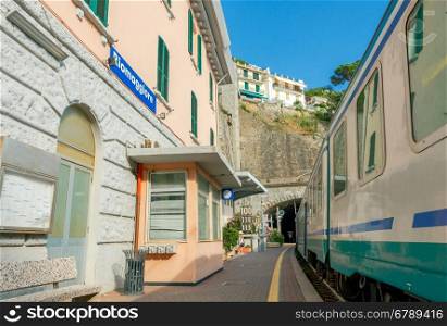 Riomaggiore. Railroad station.. Railway station in Riomaggiore. One of the five famous Italian villages in the Cinque Terre National Park. Italy.