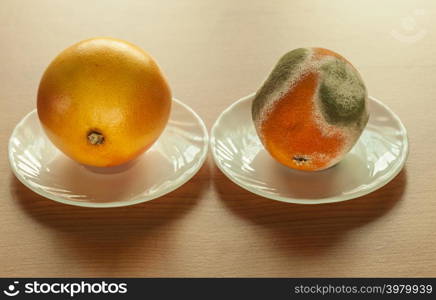 Ripe and moldy grapefriut on plate at wooden table. Difference between healthy and rotten fruit. Organic food nutrition.