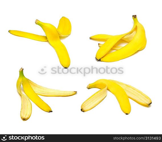 Ripe and tasty banana peel set isolated on white