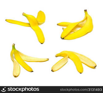 Ripe and tasty banana peel set isolated on white