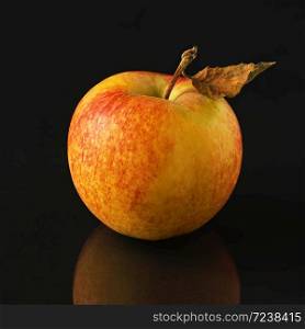 Ripe apple on a black background, close-up, space for text. Autumn harvesting. Reflection of an apple on a table
