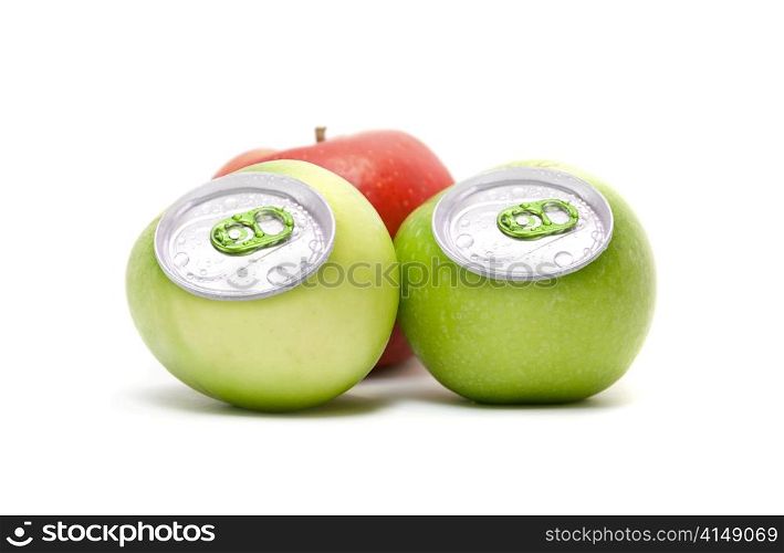 ripe apples with metallic can isolated on white background