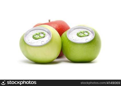 ripe apples with metallic can isolated on white background
