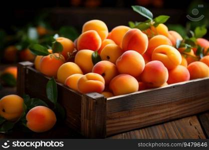 Ripe apricots in a wooden box. Generative AI