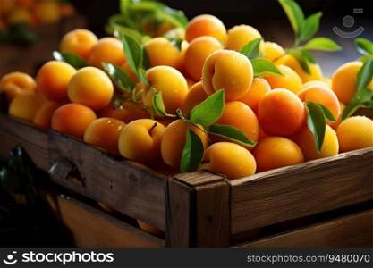 Ripe apricots in a wooden box. Generative AI