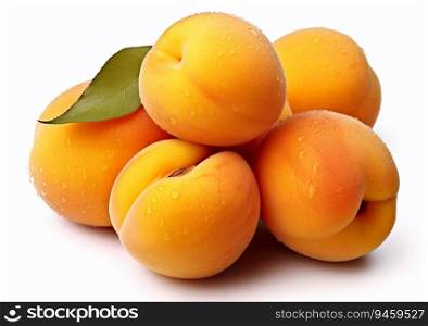 Ripe apricots with leaf on white background.AI Generative