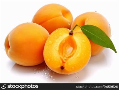 Ripe apricots with leaf on white background.Macro.AI Generative