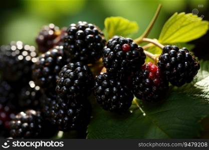 Ripe blackberries and leaves on a bush close-up. Generative AI