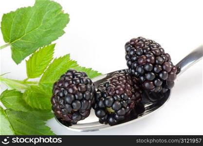 Ripe blackberries in a spoon on white background