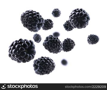 Ripe blackberries levitate on a white background.. Ripe blackberries levitate on a white background